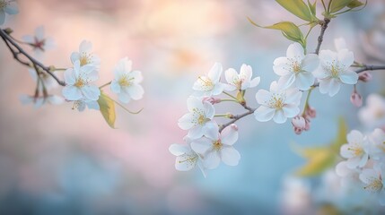 A mesmerizing scene of cherry blossom branches in full bloom, set against a blurred nature-inspired background with soft hues of pink and blue. 