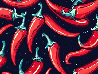 Seamless repeating pattern of stylized red chili peppers on dark background food illustration