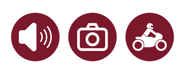 Three icons of sound camera and motorcycle on maroon circles isolated on a white background