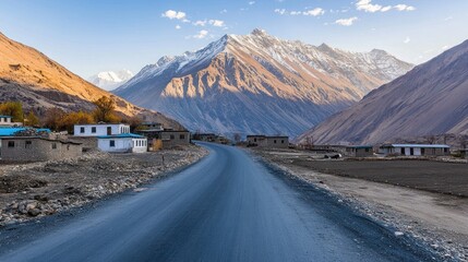 Fototapeta premium Winding mountain road leads to a small village nestled in a valley, with majestic snow-capped peaks in the background under a clear blue sky.