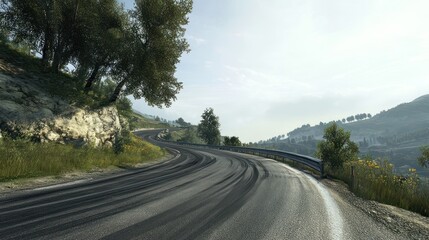 Fototapeta premium Winding mountain road with tire marks, showcasing scenic landscape.