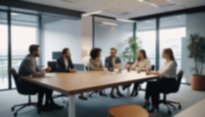 Fototapeta premium having a meeting in a blurry office, the atmosphere of a group of people having a meeting in a natural-themed, modern office with a wooden table, with a blurry office background