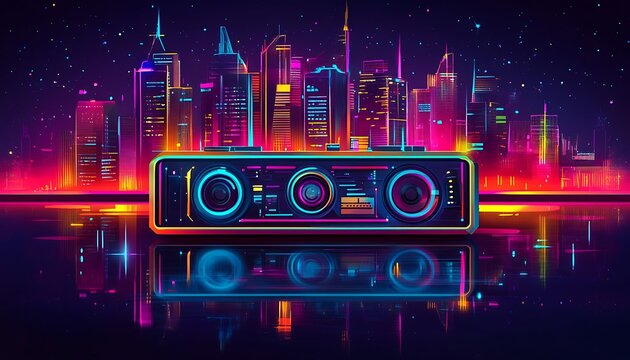Futuristic cityscape with audio device