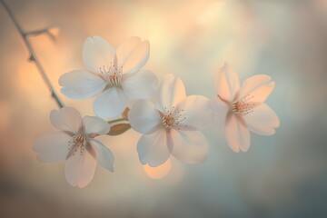 Soft-focus cherry blossoms on delicate spring branches, bathed in warm sunlight against a dreamy, pastel-toned abstract background. 