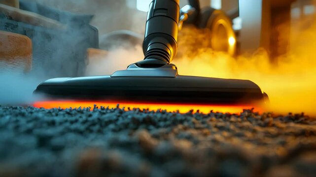 Close-up of vacuum cleaner effectively removing dust from carpet, dramatic lighting emphasizing cleaning action
