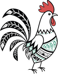 Artistic Line Drawing of a Rooster with Abstract Patterns