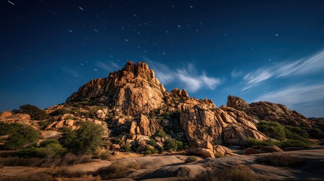 Star Trails Over Rocky Mountain Landscape at Night, Showcasing Natural Beauty and Environmental Conservation, Ideal for Travel and Adventure Campaigns : Generative AI