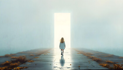 A child walking into a door that leads to an ocean suspended in mid-air, contemporary surrealism, minimalist yet deep