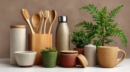 Eco-friendly kitchen utensils, containers, and mugs with potted plants on a minimalist surface and neutral background.