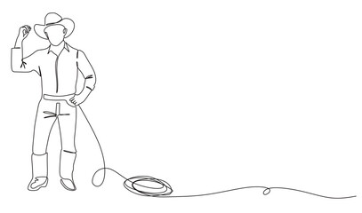 single line art of a standing male cowboy wearing a hat jacket and boots with one hand raised. icon for a cattle supply store