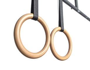 Wooden Gymnastic Rings Hanging Isolated On White Background