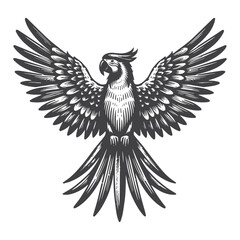 Fototapeta premium Vintage Hand-Drawn Macaw Flying Side View Illustration – Tropical Bird Engraved Style Vector for T-Shirts, Posters, Stickers, and Exotic Themes Apparel
