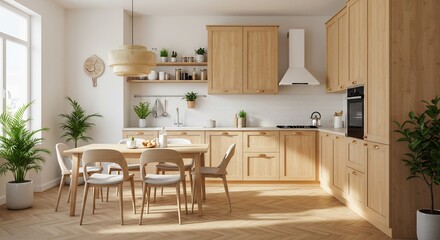 3D Rendered of Bright modern kitchen with light wood cabinets, white countertops, stainless steel appliances, and indoor plants. Clean and contemporary home interior design