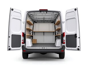 Open Cargo Van Interior With Shelves Against White Background