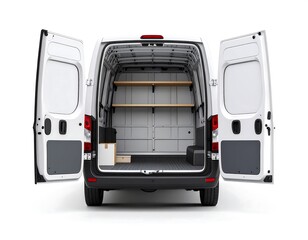 White Cargo Van Back View With Open Doors Showing Shelves and Empty Interior