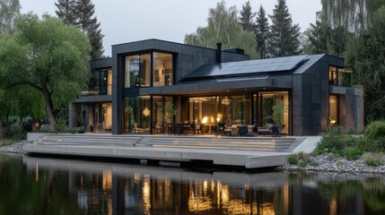 Obraz premium Modern house with solar panels on the roof, surrounded by green grass