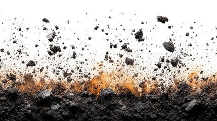 Soil and rocks exploding upwards against a white background.  A dynamic image showcasing texture and movement