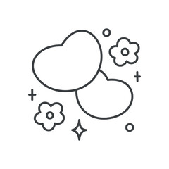 Cute floral illustration. Two hearts surrounded by flowers, stars and sparkles. Hand drawn monochrome illustration isolated on a white background. Kawaii sticker. Valentine day concept. Vector 10 EPS.
