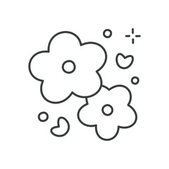 Cute floral illustration. Two flowers surrounded by little hearts and sparkles. Hand drawn monochrome illustration isolated on a white background. Kawaii spring sticker. Vector 10 EPS.