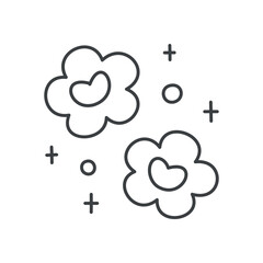 Cute floral illustration. Two flowers with a heart-shaped centers surrounded by sparkles. Hand drawn monochrome illustration isolated on a white background. Kawaii sticker. Vector 10 EPS.
