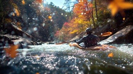 Kayaker Paddling Through Rapids in Autumn, Representing Adventure and Outdoor Recreation, Showcasing a Thrilling Experience : Generative AI