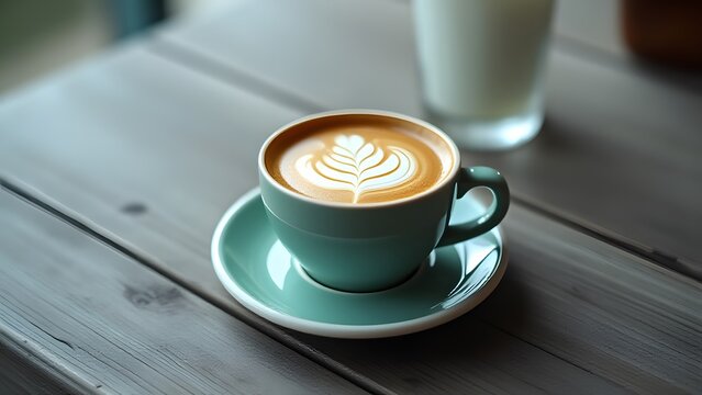 Latte Art Coffee in Teal Cup on Wooden Table