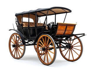 Vintage Black Carriage With Wooden Wheels Isolated On White Background