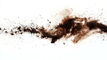 Abstract brown powder explosion against a white background, creating a dynamic and textured effect