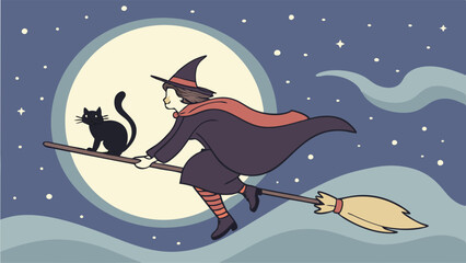 Halloween Fantasy Illustration of Witch and Black Cat Flying on Broomstick Under Full Moon Night Sky