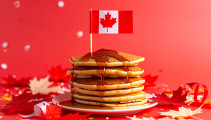 canada day pancakes with flag colors on red background with silver confetti and serpentine