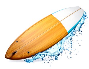 Wooden Surfboard With Blue And White Water Splash On White Background