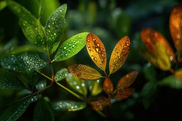 Dew Drops on Colorful Leaves in Sunlight, Representing Natural Beauty and Environmental Awareness for Sustainable Practices and Conservation Efforts : Generative AI