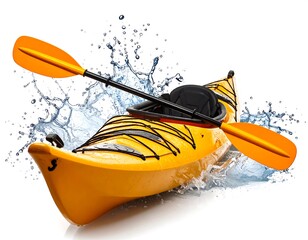Yellow Kayak With Orange Paddle And Water Splash Against White Background