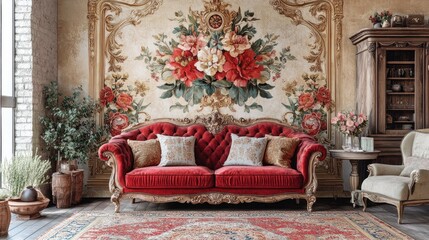Red velvet sofa adorned with cushions sits below an ornate floral wallpaper in a room with traditional furniture and a patterned rug on the floor.