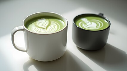 Two Cups of Matcha Latte Art with Leaf Design