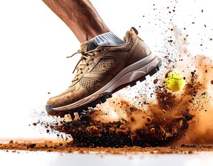 Brown Hiking Boot Stepping On Tennis Ball Creating Dirt Explosion On White Background
