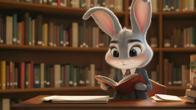 A charming cartoon bunny sits in a cozy library, reading a book aloud with curiosity. Surrounded by shelves of books for educational, storytelling, or children&rsquo;s content. AI generative 4K video.