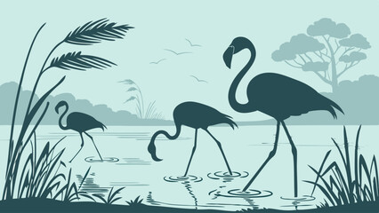 Fototapeta premium Flat design nature silhouette illustration of three flamingos wading in a wetland landscape