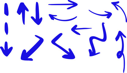 Blue handdrawn directional arrows in various sketch and curve forms.