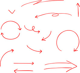 Red sketch arrows in various swirling, looping, and curved directions.