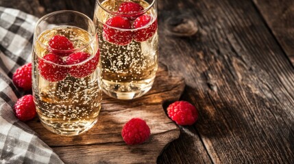 Two glasses of raspberry champagne on wooden board close up studio shot refreshing summer drink bubbly beverage