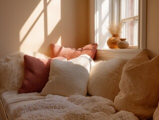 Cozy Window Seat With Pillows and Vases in Warm Sunlight, Representing Comfort and Home Improvement : Generative AI