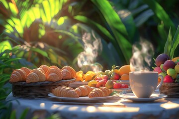 A beautifully arranged outdoor restaurant table with a delicious breakfast spread, featuring fresh croissants, steaming coffee, and vibrant fruit platters. 