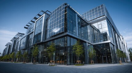 Obraz premium Smart building covered in solar glass panels in clean city