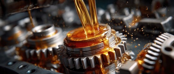 Lubricant oil pouring on metal gears close up shot industrial machinery maintenance automotive repair concept