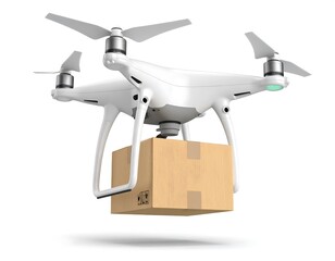 White Drone In Flight Carrying Brown Cardboard Box Against White Background