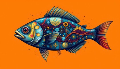 Fototapeta premium a solarpunk vision of ,no text, no logo fish keeping, centered, isolated orange background