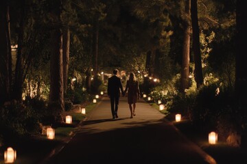 Couple Walking Hand-in-Hand Down Candlelit Path at Night, Evoking Romance and Intimate Celebration, Perfect for Anniversary or Date Night Concepts : Generative AI