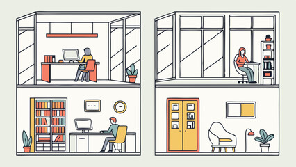 Modern Building Interior Cross Section Illustration Work Home Office Library Living Room People Line Art Style