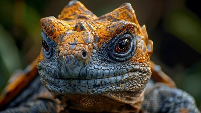 Detailed Close Up Portrait of an Galapagos Land Iguana with Orange and Gray Scales Against Blurred Green Foliage in Natural Lighting
